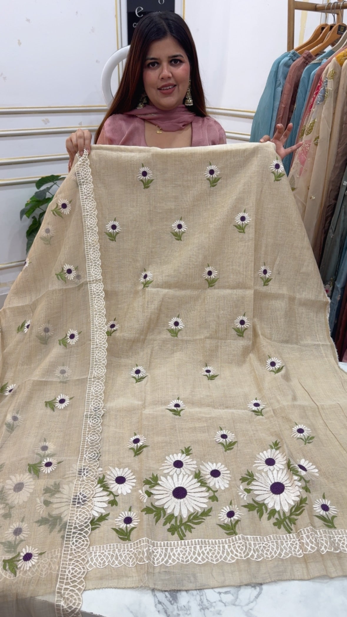 Premium pure Tusser Mul Mul embroidery Pinterest style designer suit material along with Mul Mul tusser premium quality dupatta GF1200 Beige with Brown