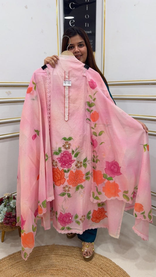 Handbrush special super premium pure Mul Mul designer hand painted summer luxury series along with hand motiv work with designer hand painted dupatta GF1098 Blush Rose Pink