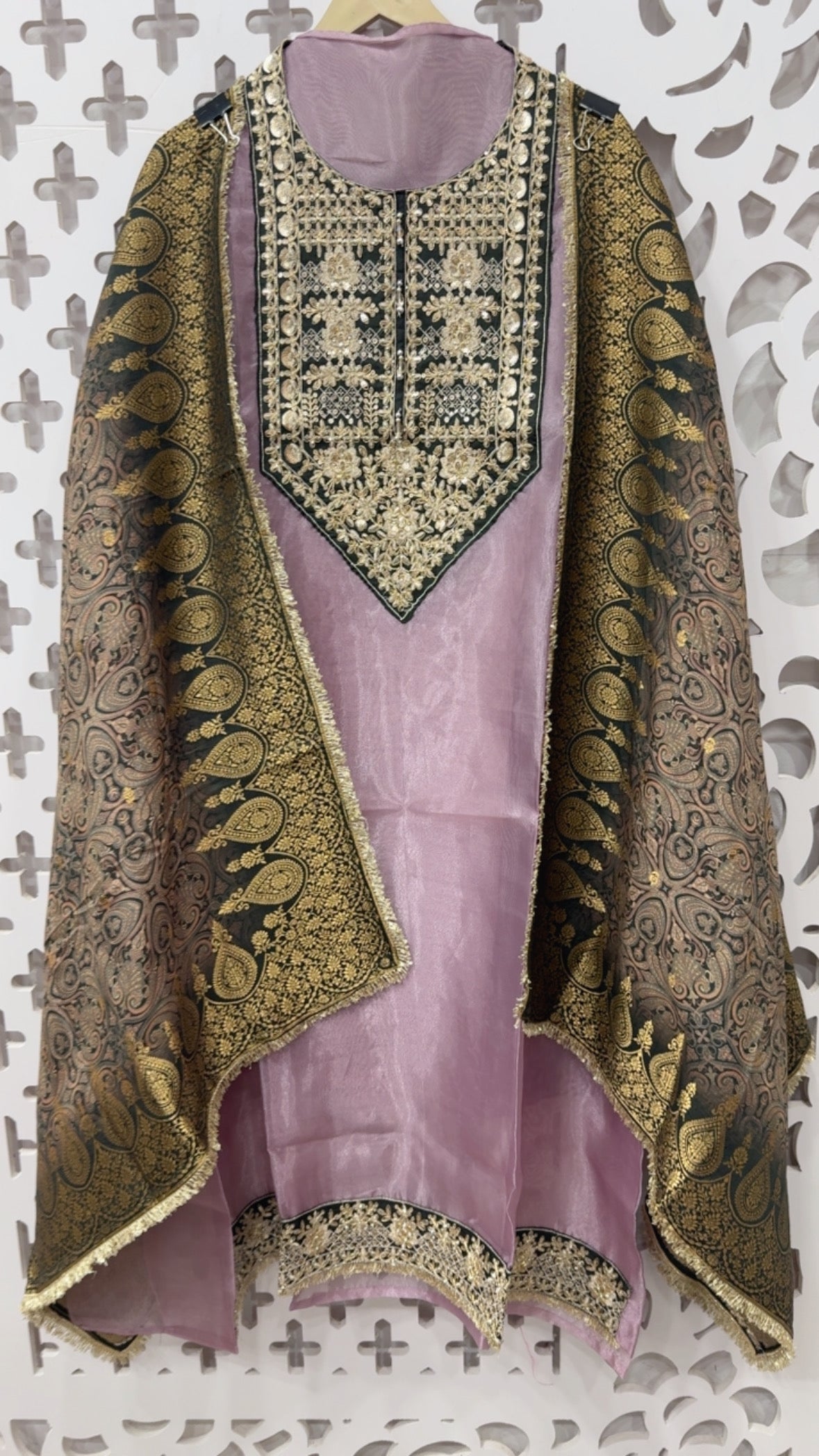 Jackpot series elegant and royal pure premium shimmer glass tissue full neck work suit material along with Banarasi digital printed weaved duapatta GF823