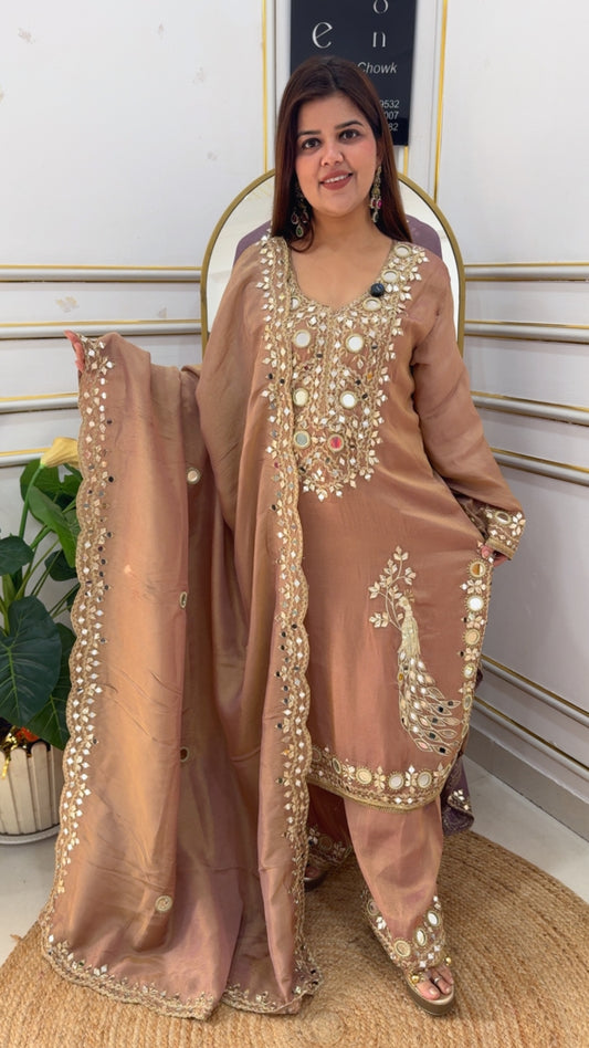 Ready to wear classy and partywear pure ziraffe silk premium mirror work with all over Gota work detailing beautiful dress. fits upto size 46 GF948
