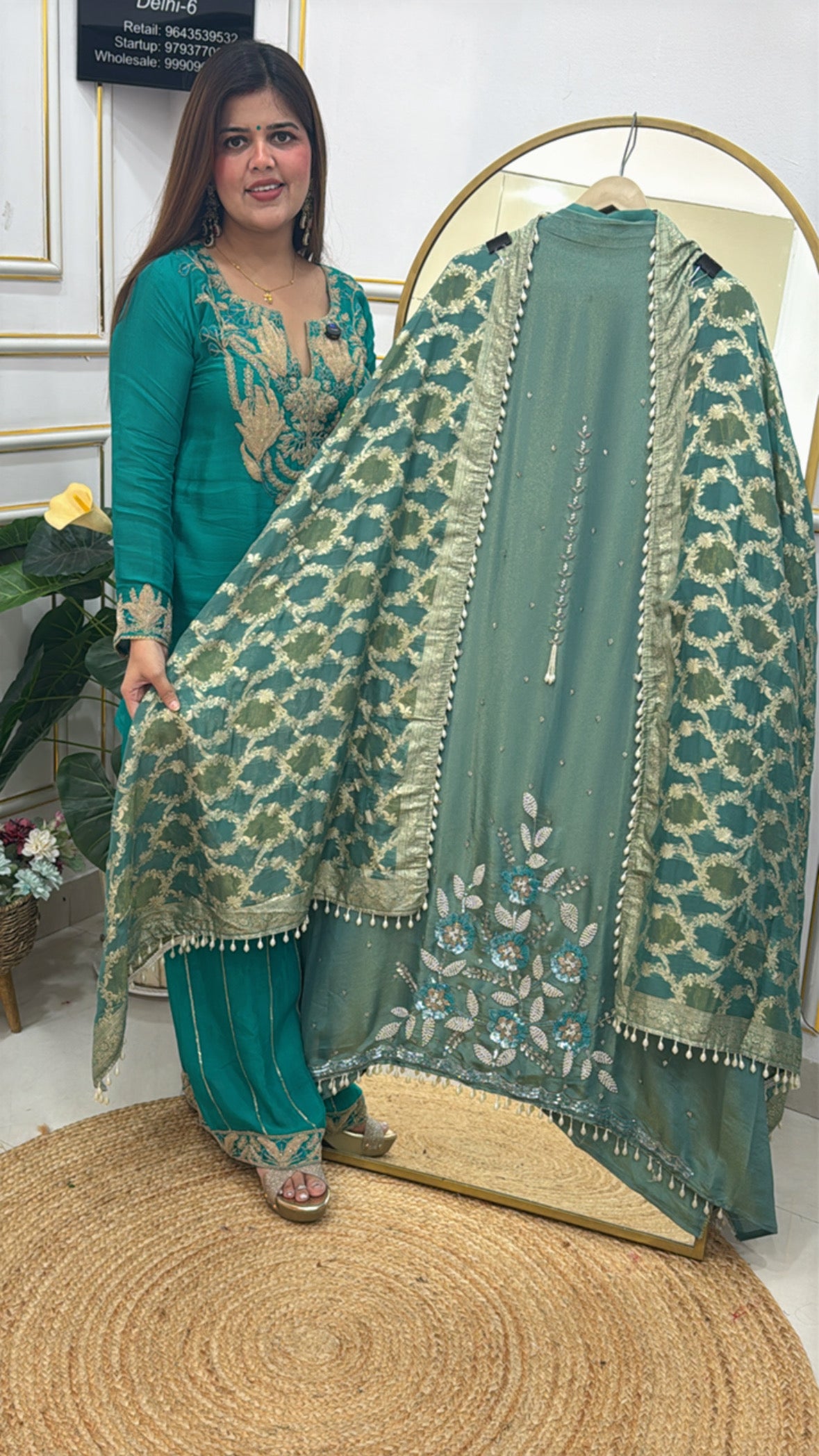 Partywear pure shimmer silk designer handwork suit material along with heavy weaved silk dupatta GF612