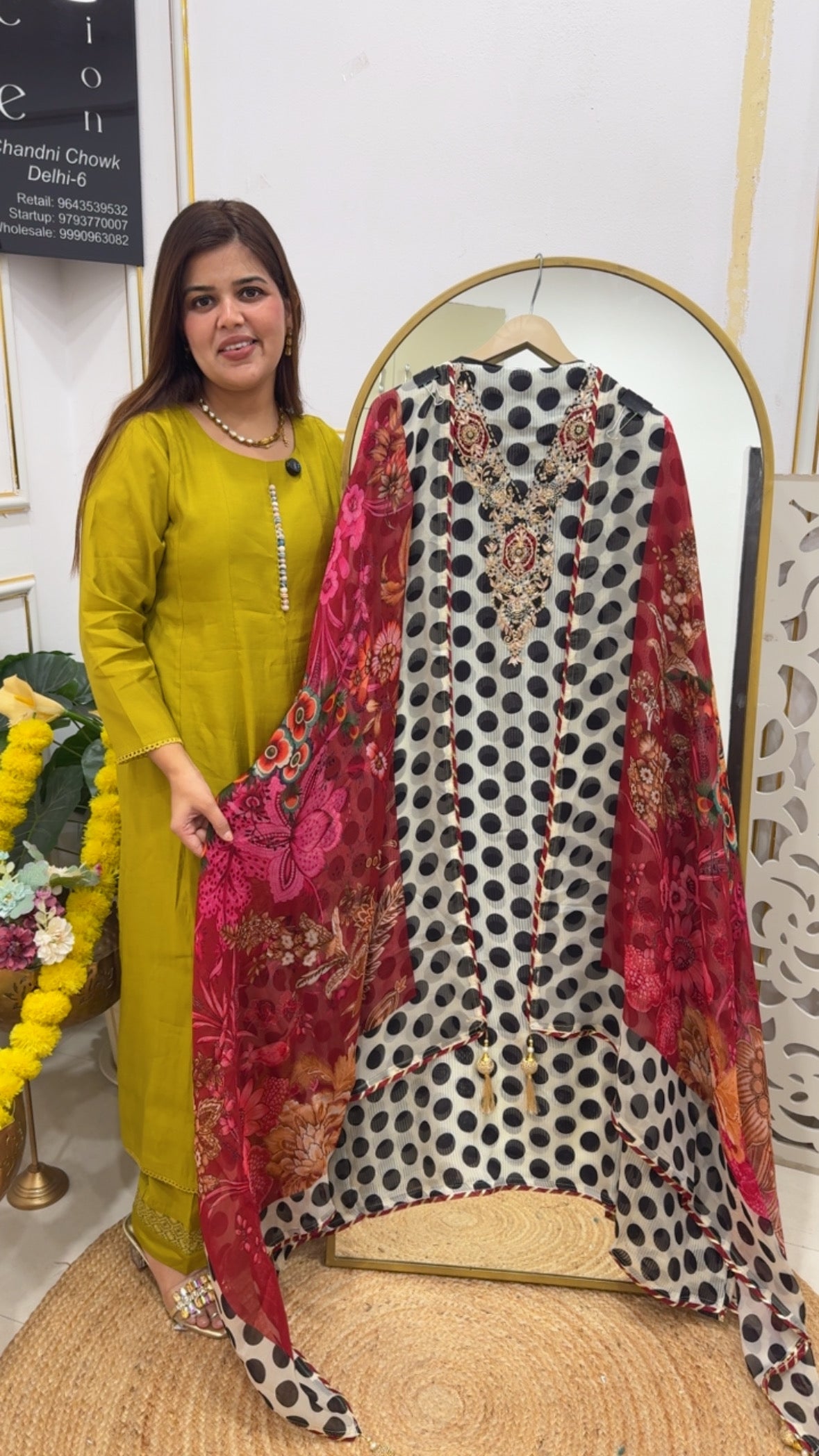 Celebrity style premium pure polka printed designer handwork neck style with contrasting digital full length dupatta GF705