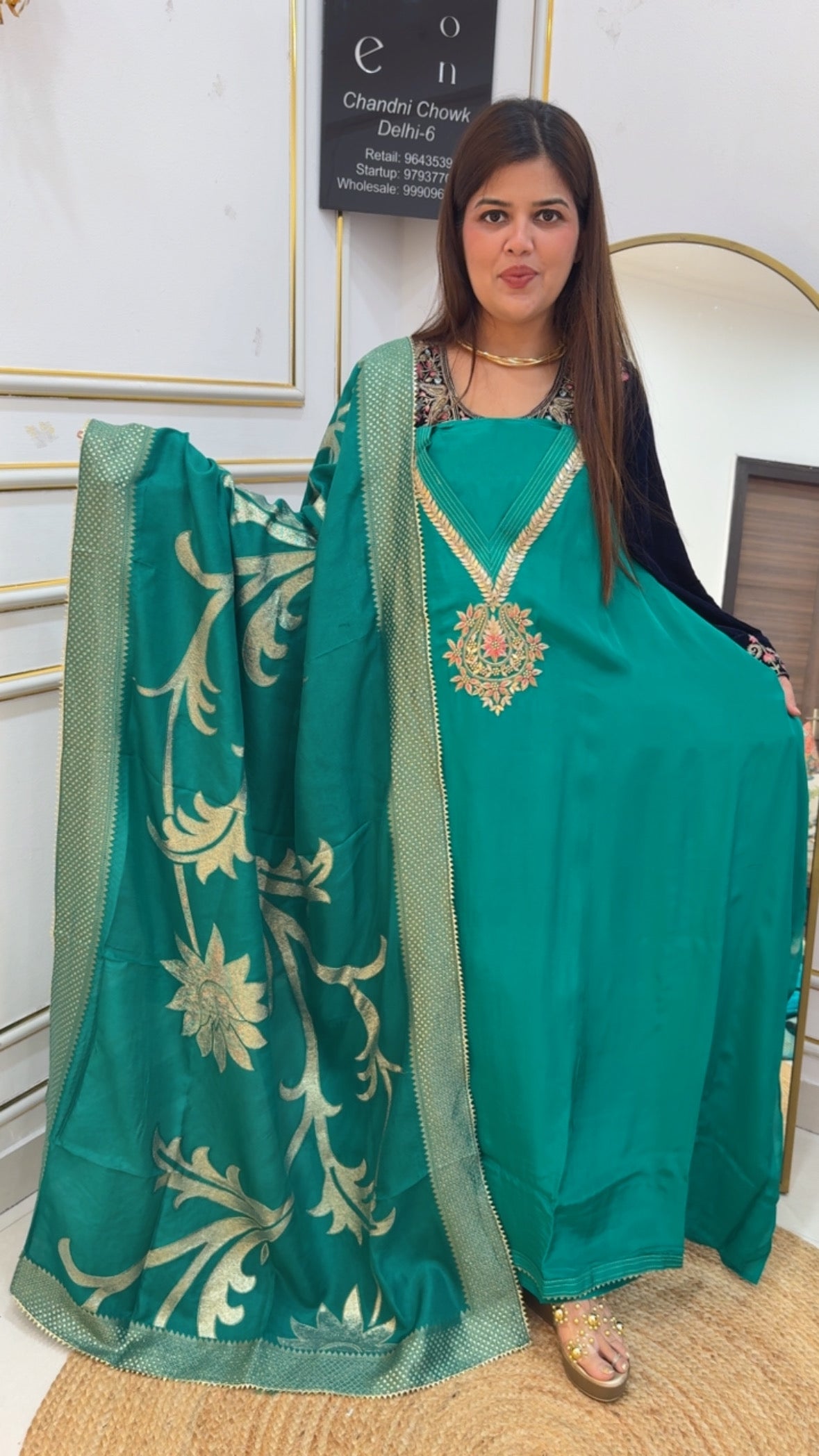 Partywear special premium pure crepe with unique handwork detailing suit material along with weaved banarasi silk dupatta along with silk bottom in jackpot price GF875