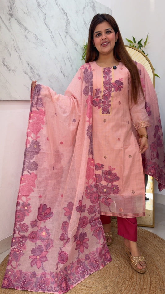 Ready to wear ,pure Moonga silk  jamdhani weaved beautiful summer special  pink suit Summerish and classy perfect for casual look GF970