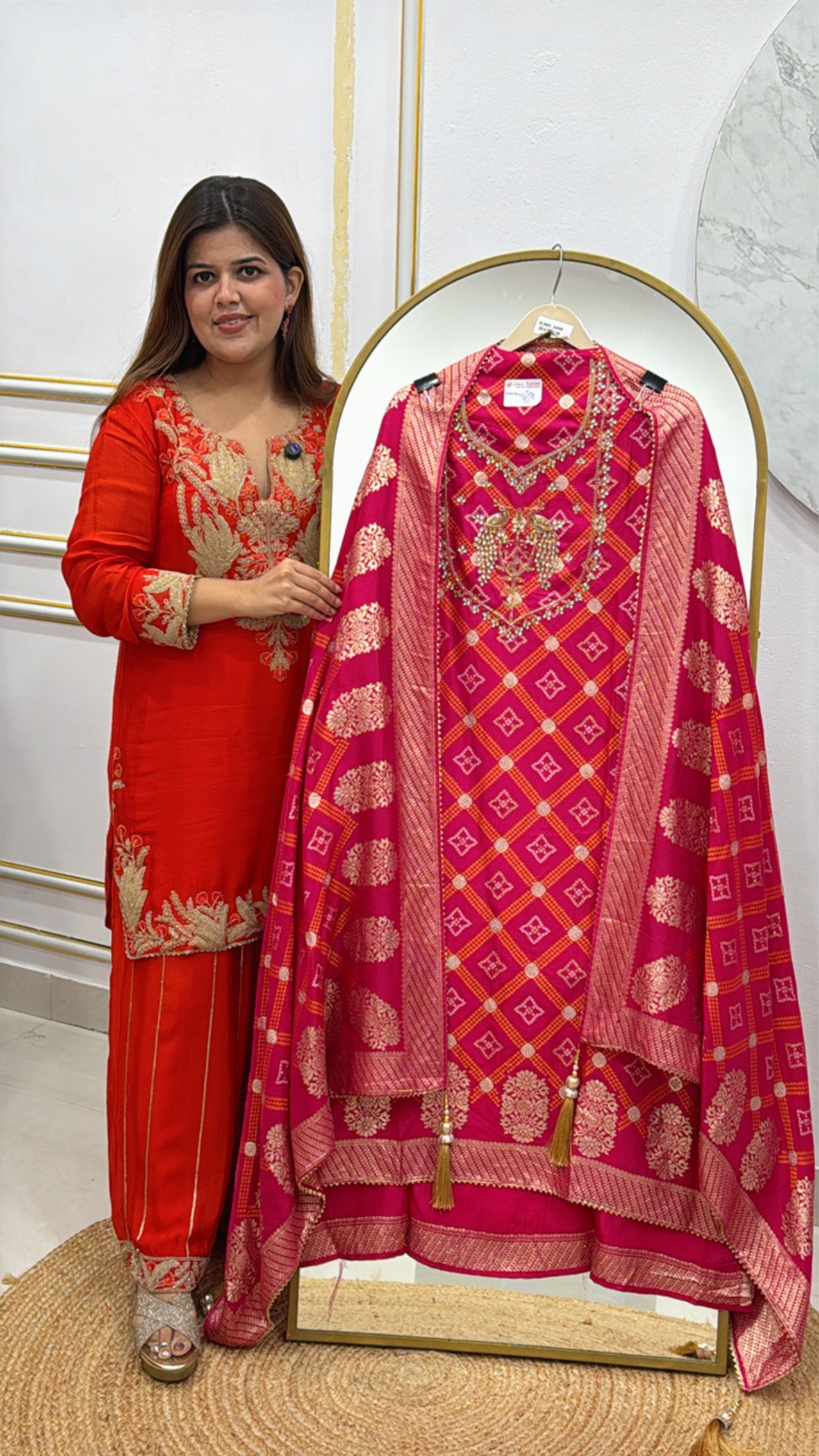 Pure silk bandhani printed weaved suit material along with handwork detailing over the neck and pure weaved banarasi dupatta GF503