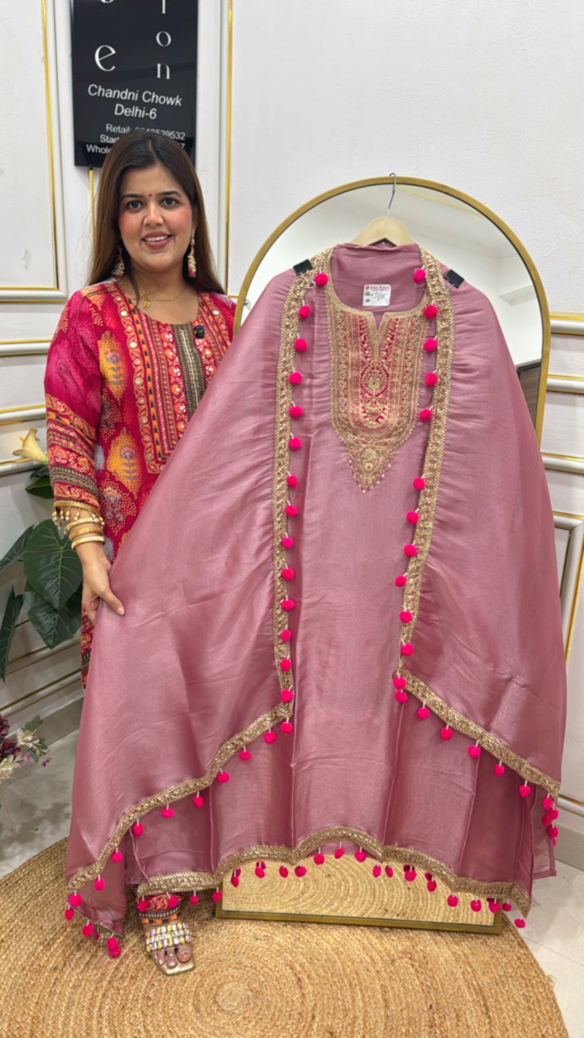 Designer and trending neck handwork premium shimmer silk suit material with all over beautiful pom-pom detailing GF634