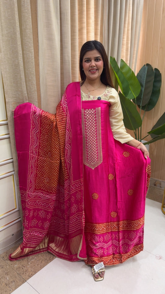 Style and elegant Moonga silk jamdhani embroidered classic suit material along with block print beautiful dupatta GF1211 Hot Pink