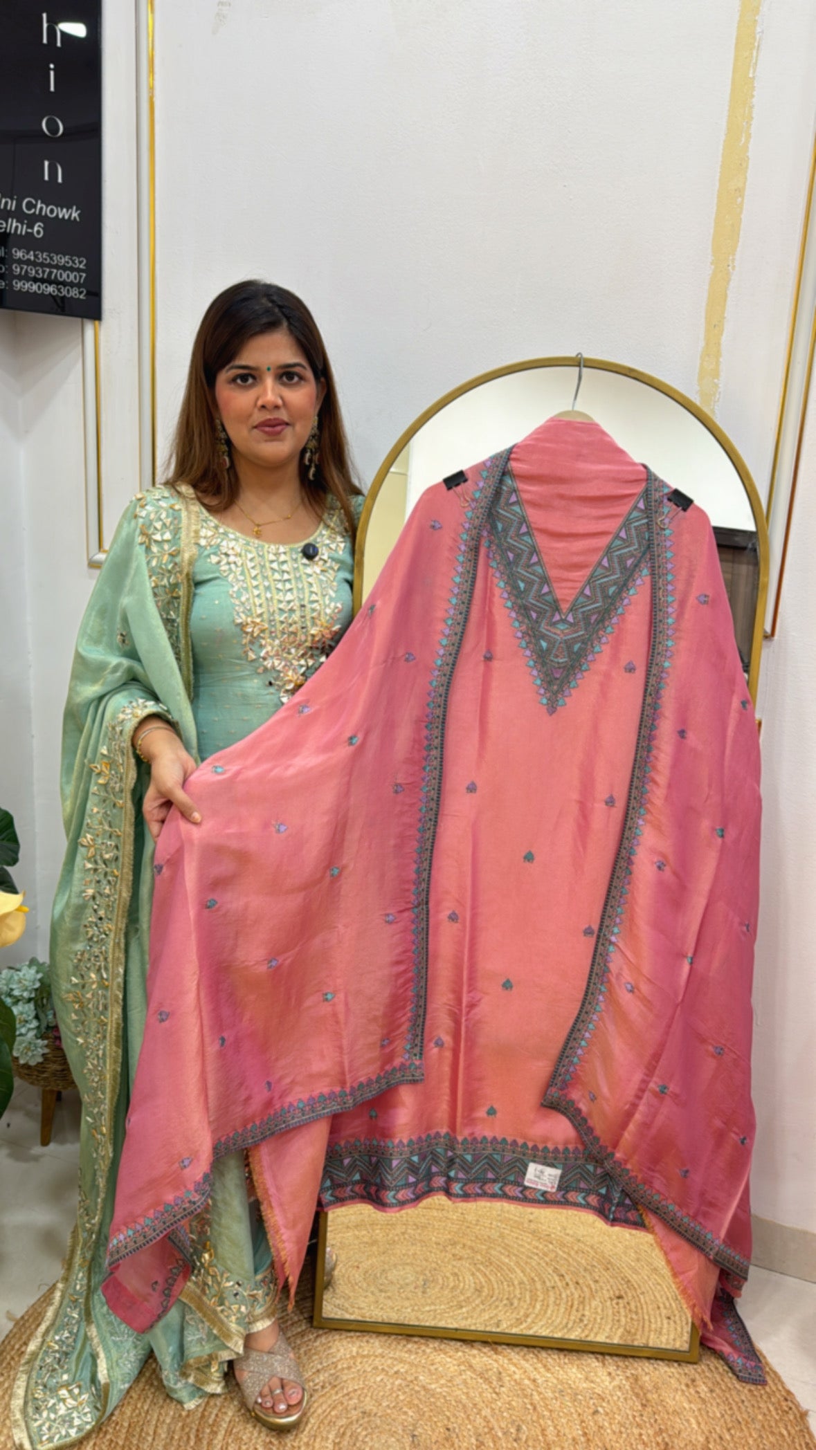 Elegant and designer shimmer silk suit material with thread embroidered neck and dupatta GF589