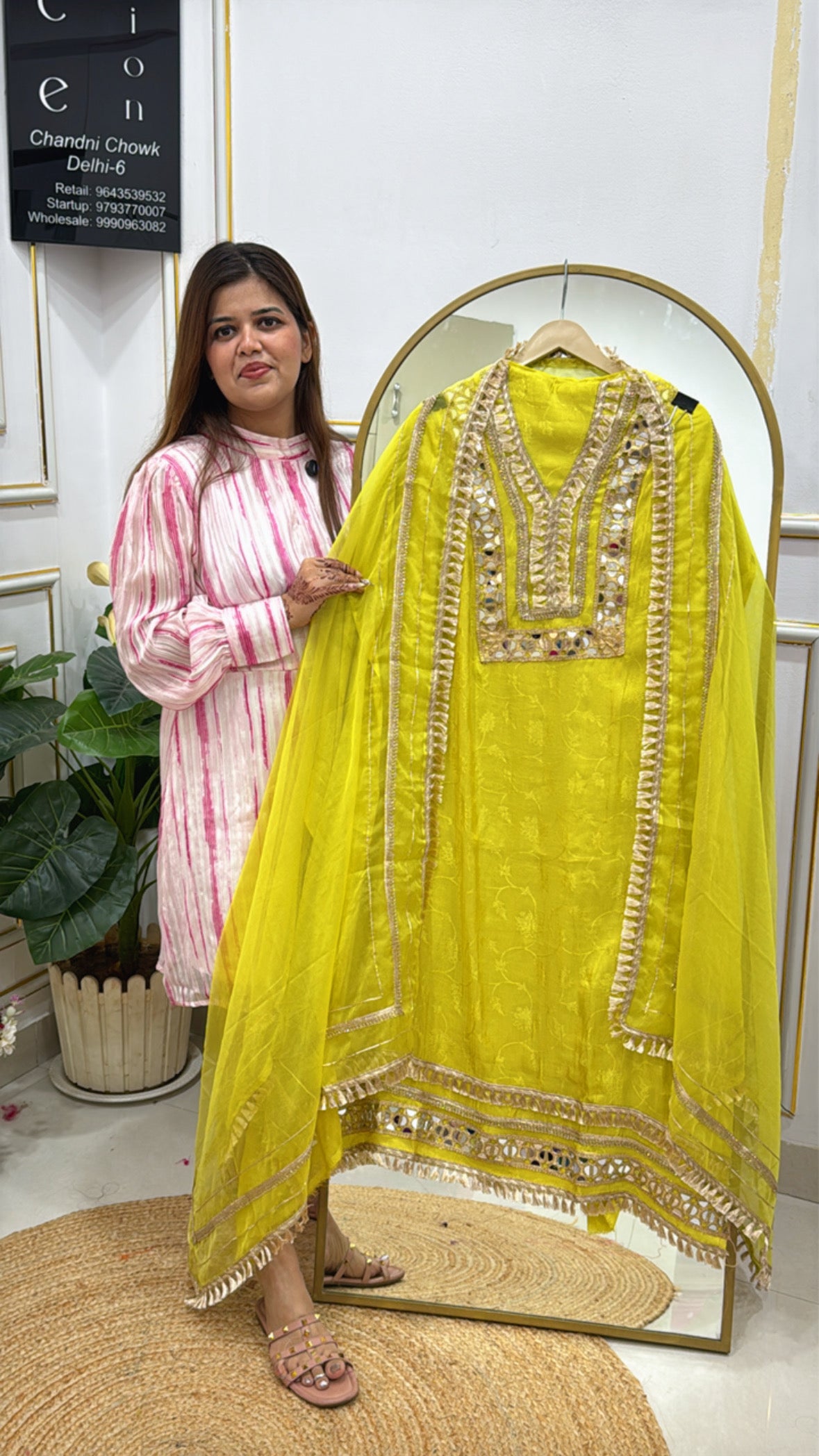 Pure Weaved Silk Suit with Mirror Neck Detailing &amp; Designer Organza Dupatta GF 410