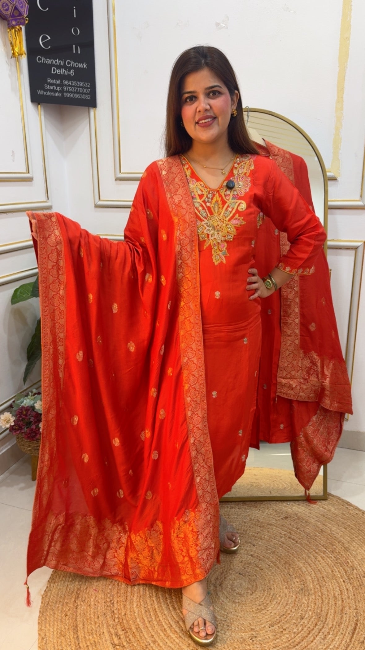 Ready to wear partywear special premium pure silk material beautiful handwork neck detailing with classy weaved silk dupatta  GF763