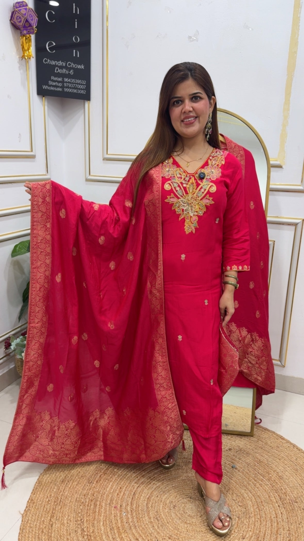 Ready to wear partywear special beautiful neck handwork detailing with premium silk shirt along with beautiful weaved silk dupatta  GF773