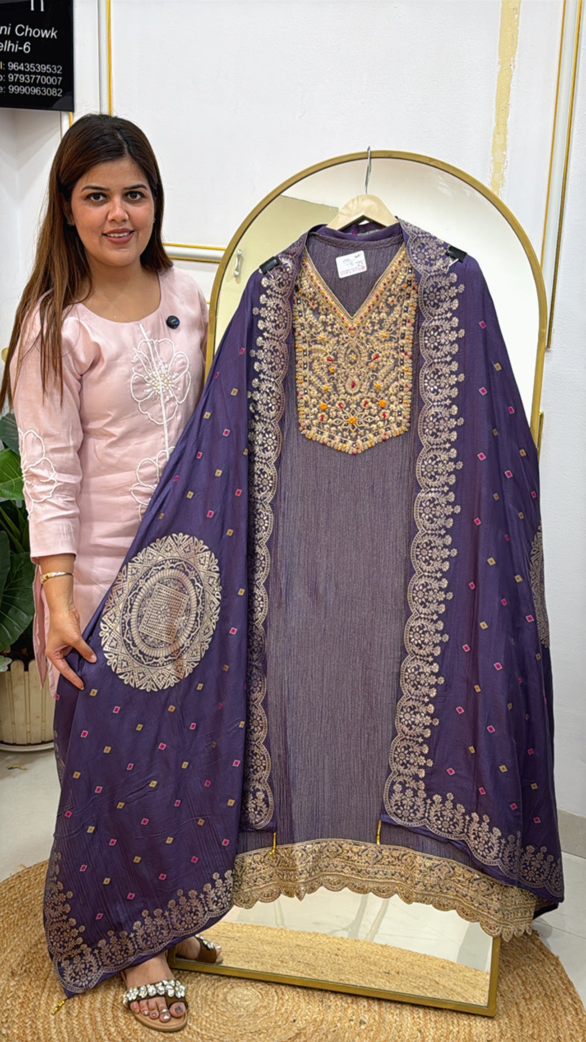 Pure Crushed Shimmer Silk Suit with Zardozi Neck &amp; Kanjivaram Dupatta GF 468