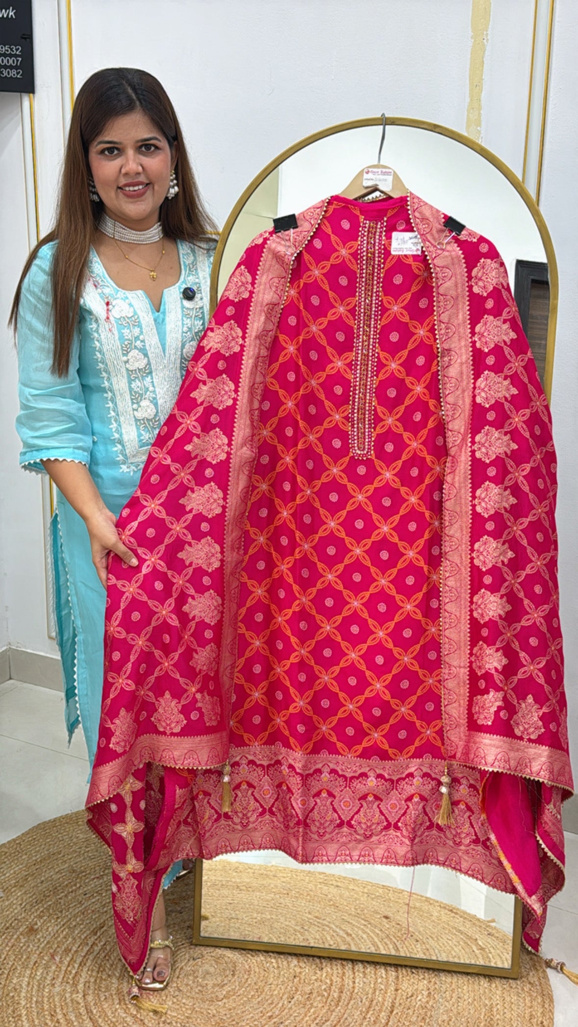 Karwa Chauth special pure raw silk bandhani weaved suit material along with pure weaved raw silk dupatta GF511