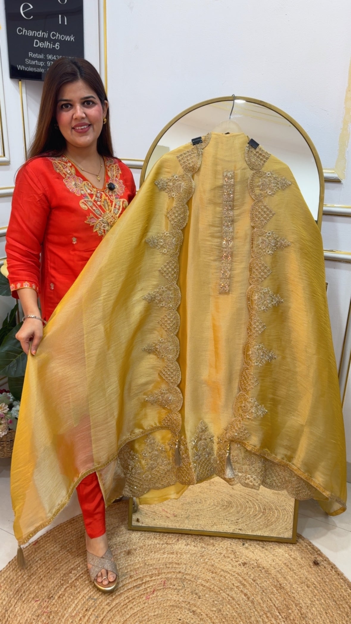 Royal and elegant tissue silk suit material with classy handwork detailing all over suit and dupatta GF761