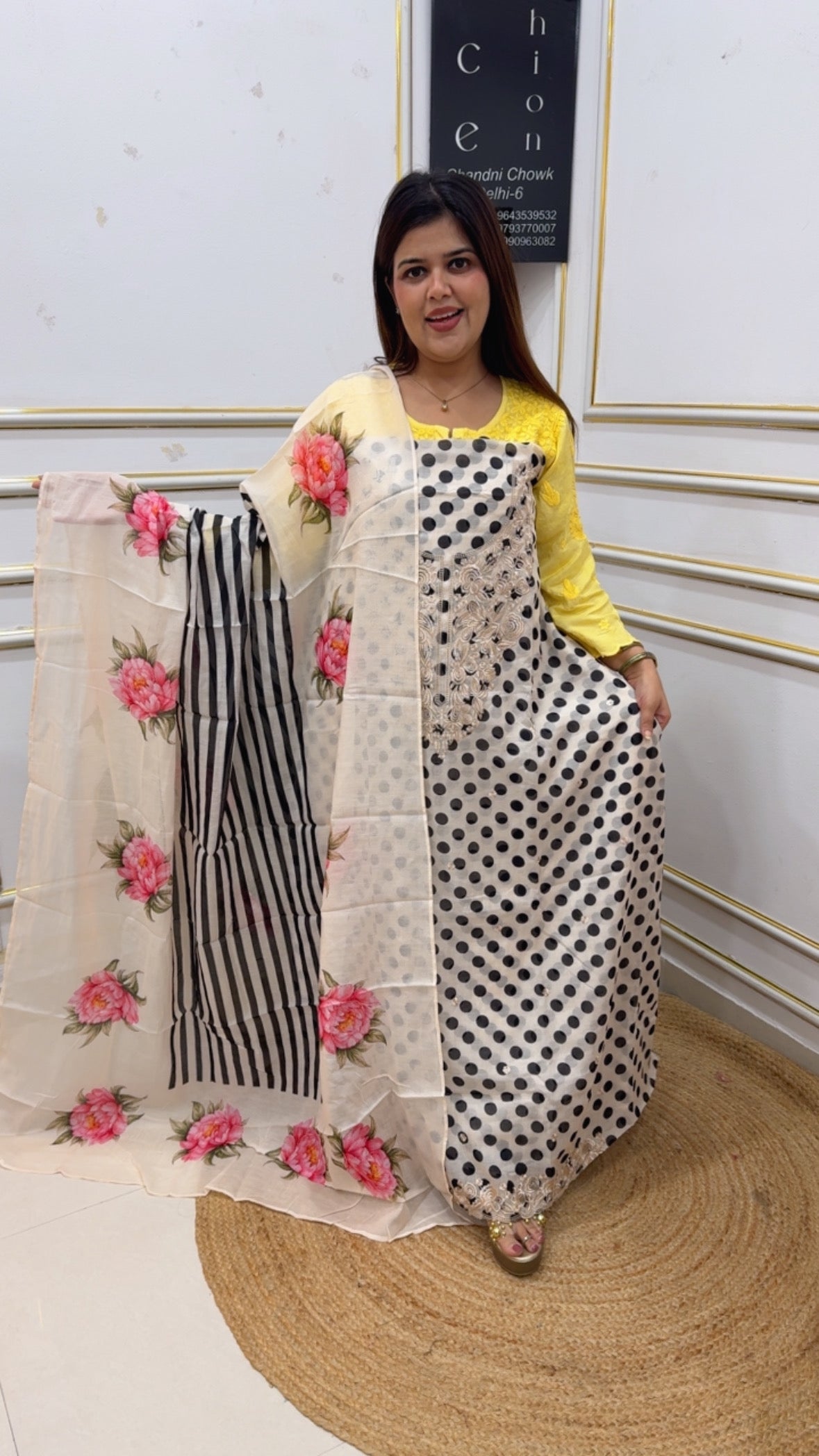 Polka design suit material pure Mul Mul premium quality designer polka printed suit material along with premium quality printed polka floral dupatta gf1202 BLACK AND WHITE