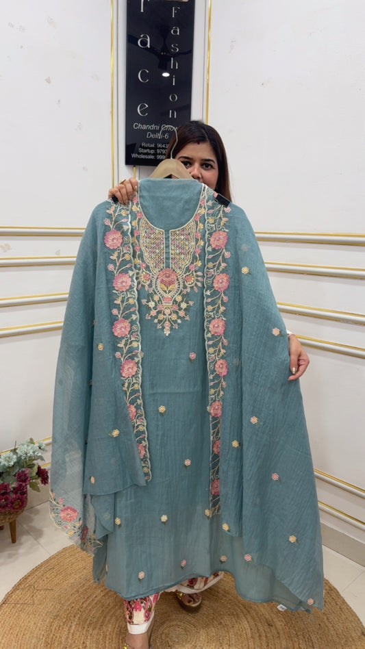 Beautiful and classy neck pearl bead embroidery royal Mul Mul suit material along with both side scalped Mul Mul dupatta GF1093 Vintage Slate Blue