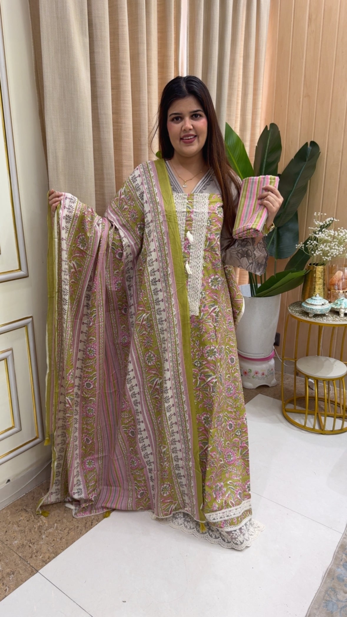 Pure cotton printed casual designer printed suit material with laces work along with printed dupatta and printed bottom gf1164 Olive Green