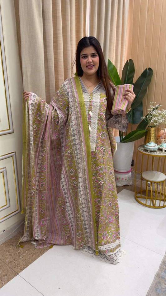 Pure cotton printed casual designer printed suit material with laces work along with printed dupatta and printed bottom gf1164 Olive Green