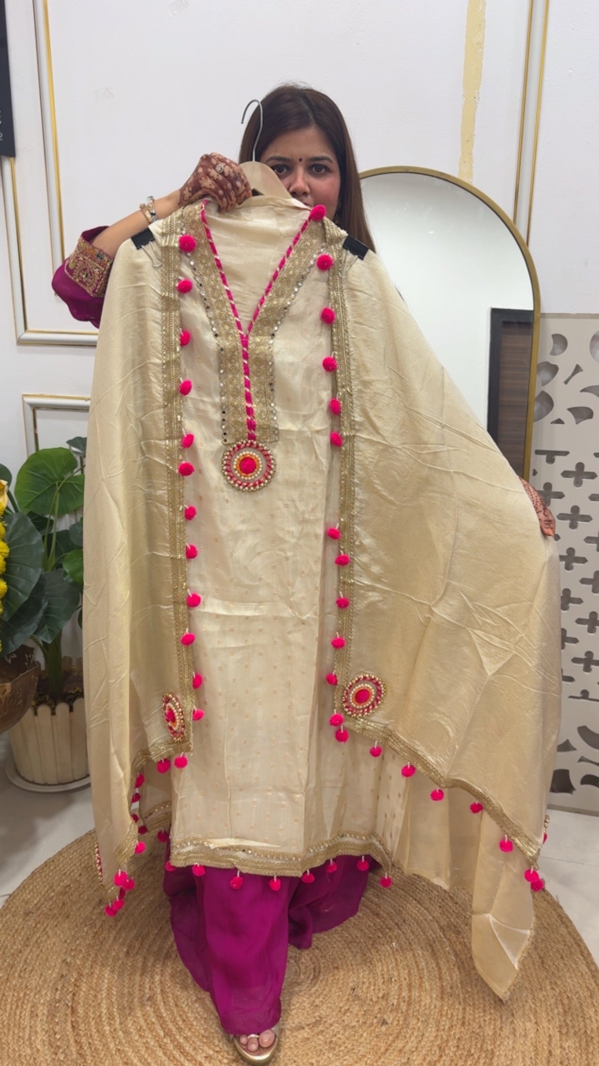 Designer golden ivory wedding special premium shimmer silk material with latest pom pom detailing GF 750