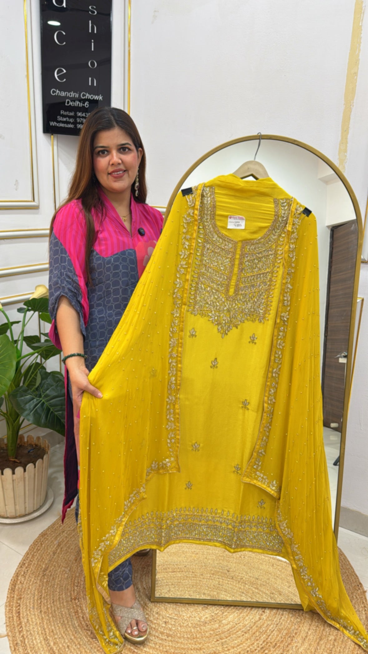 Partywear special designer handwork shimmer silk suit material along with all over handwork designer chiffon dupatta GF581