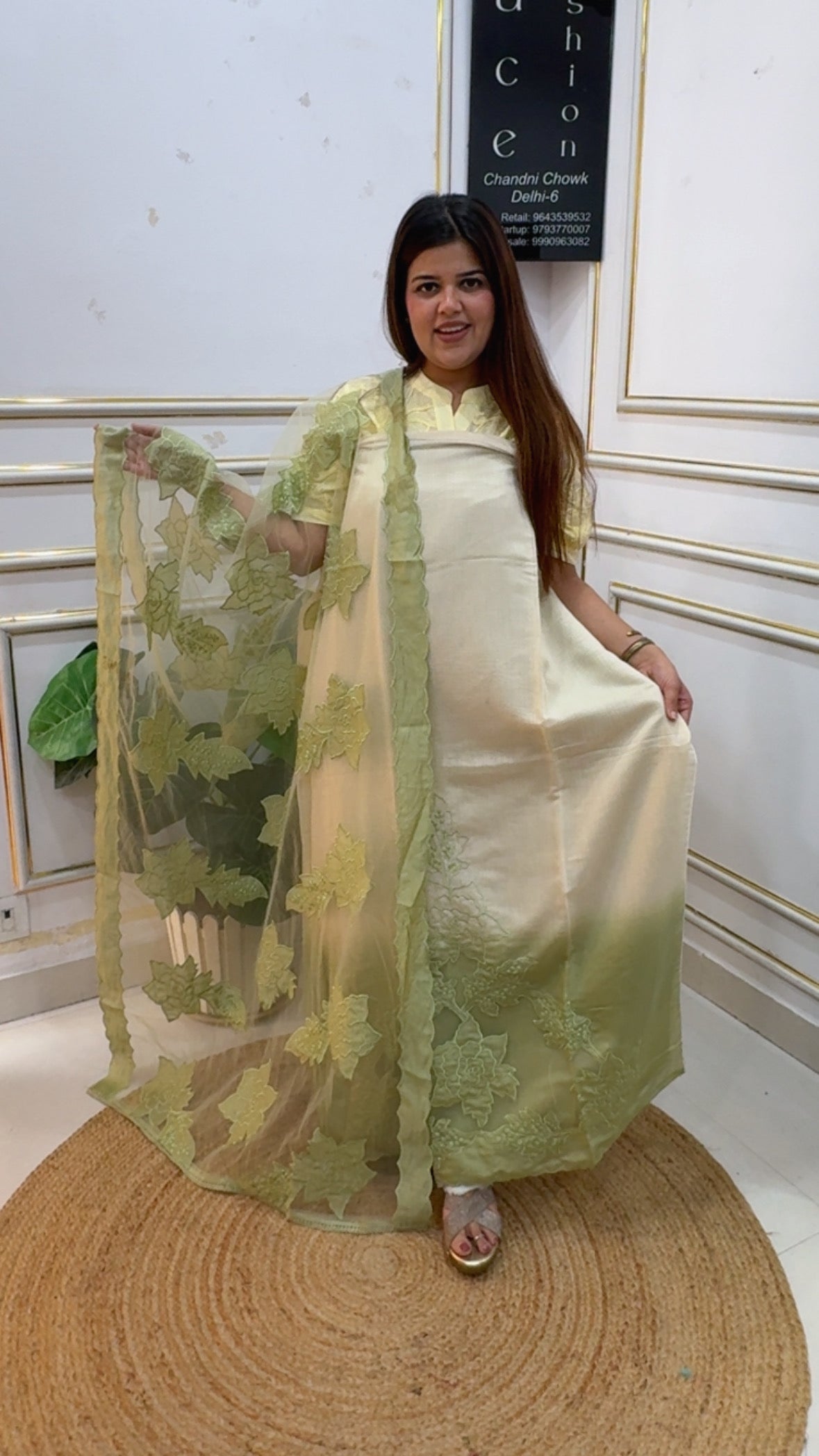 Summer style and grace pure Mul cotton Chanderi stylish applique work designer suit material with applique work designer dupatta GF1179 Ivory Green