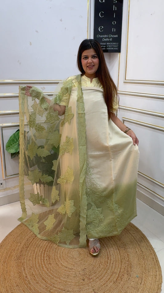 Summer style and grace pure Mul cotton Chanderi stylish applique work designer suit material with applique work designer dupatta GF1179 Ivory Green