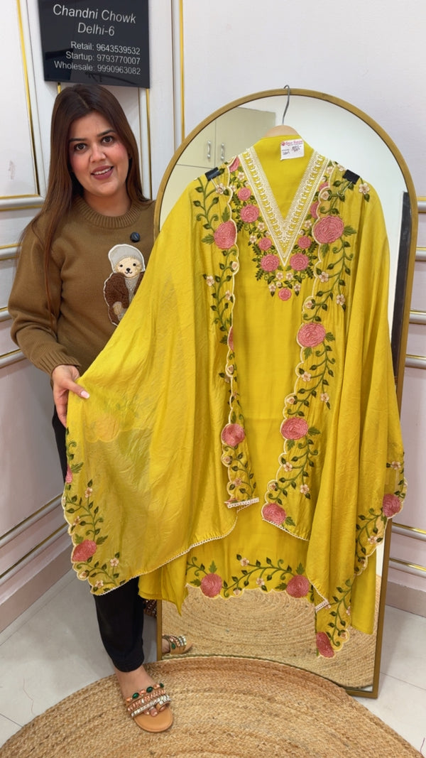 2026 Latest trending Moddal cotton  premium material  v shape embroidery neck with full embroidery scalped dupatta along with pure premium bottom material GF894