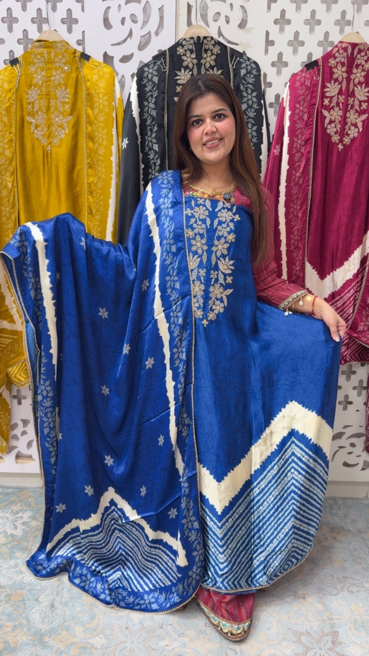 Gajji Silk magic ,pure original shivori printed gazzi silk suit material along with neck work and pure Gajji silk printed dupatta GF824