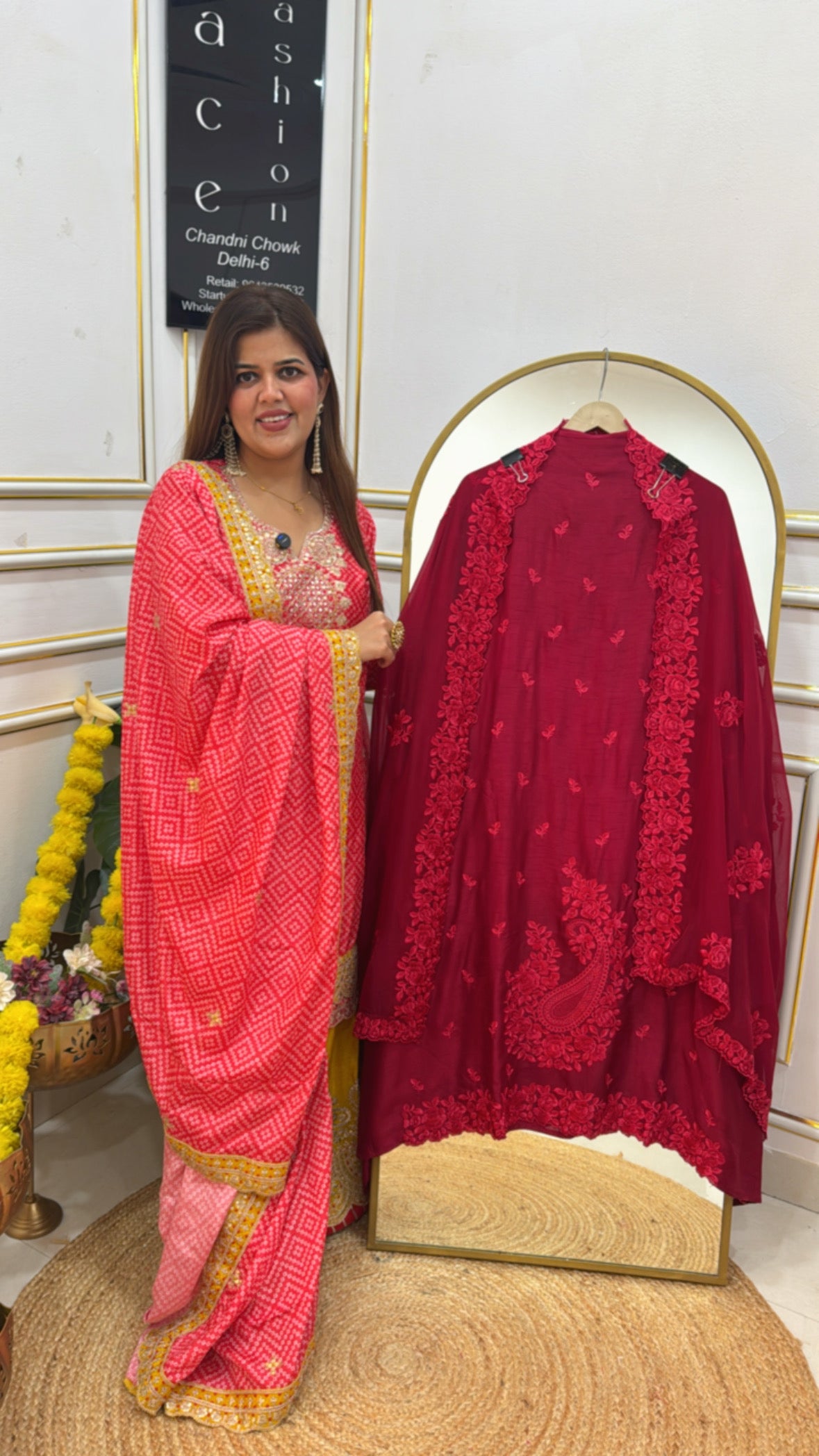 Cherry Red premium pure raw silk suit material with Organzza silk dupatta and full embroidery work GF660
