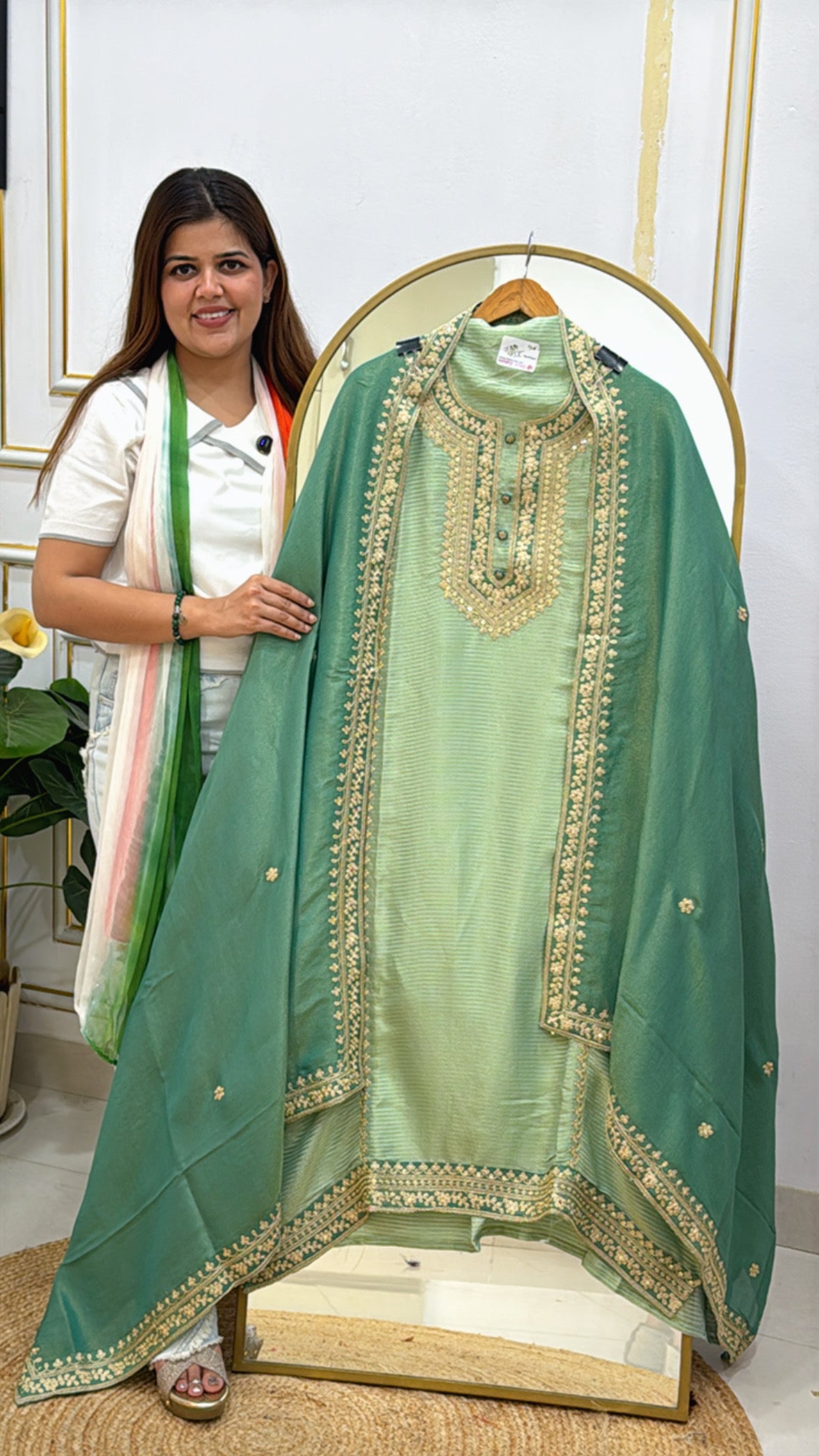 Designer Soft Shimmer Tissue Suit with Zardozi Work & Contrast Dupatta – Glam Look GF 470