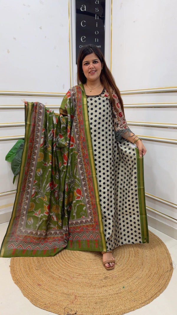 Summer trending polka creation pure Mul Maheshwari premium suit material along with premium Mul Maheshwari elegant printed dupatta gf1195 Green
