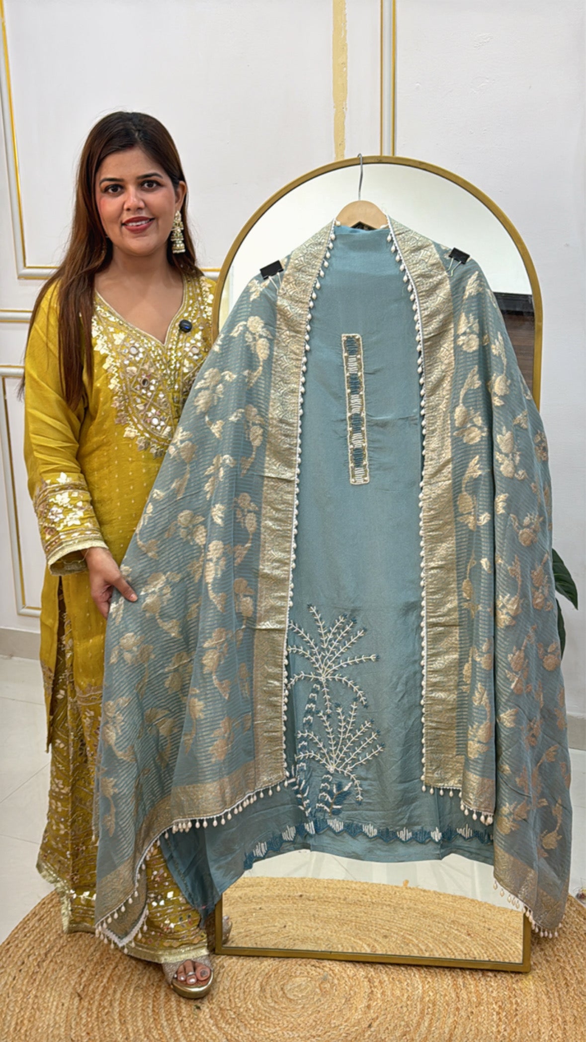 Designer pure shimmer silk suit material with unique handwork detailing along with heavy weaved silk dupatta GF484