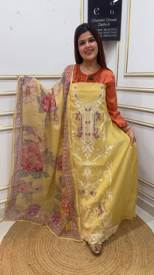 Karachi special embroidery pure Mul Mul designer full embroidered suit material along with digital printed Mul Mul dupatta GF1139 Light Yellow