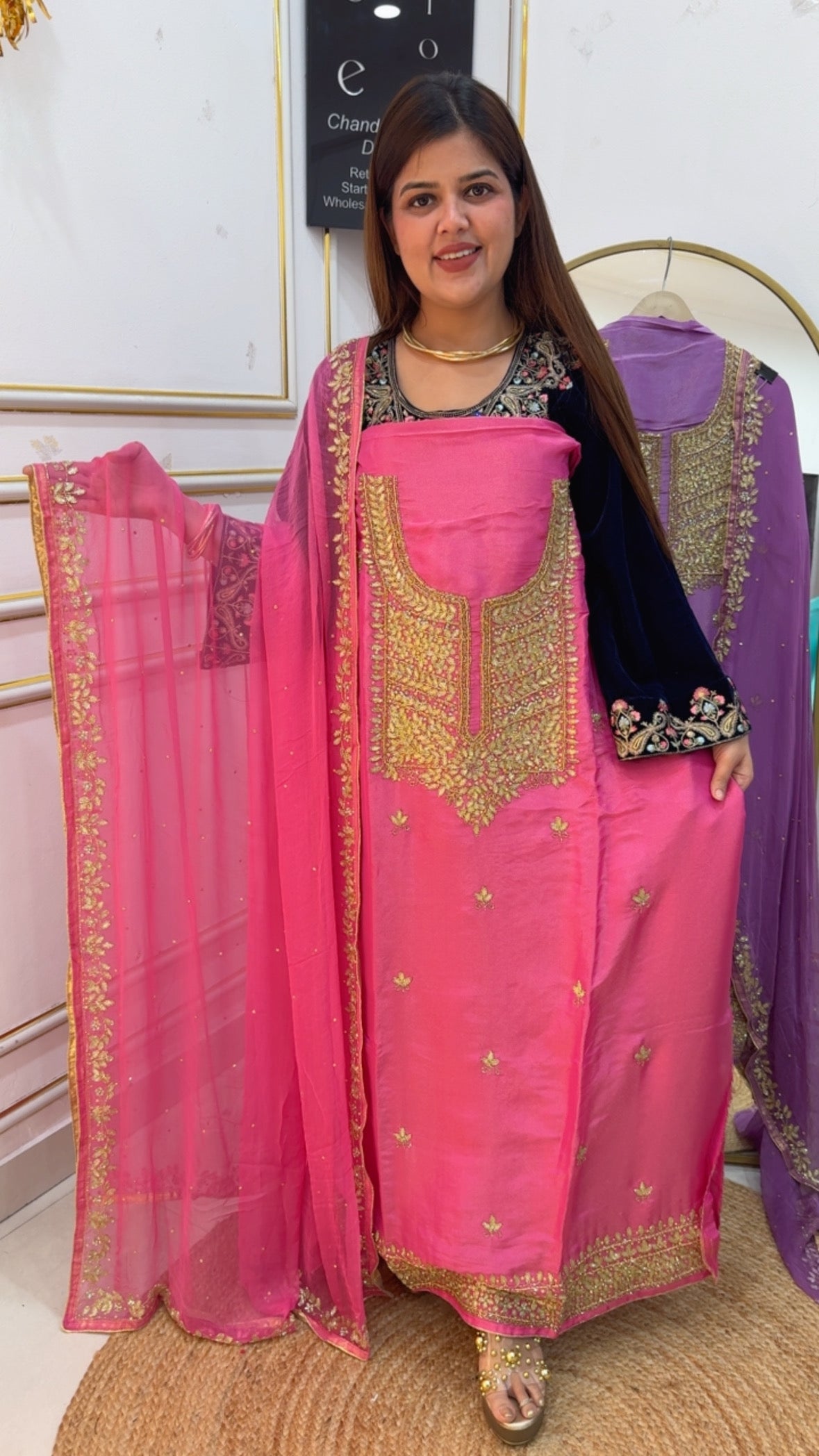 Handwork special partywear designer suit material with unique handwork detailing all over dupatta GF878