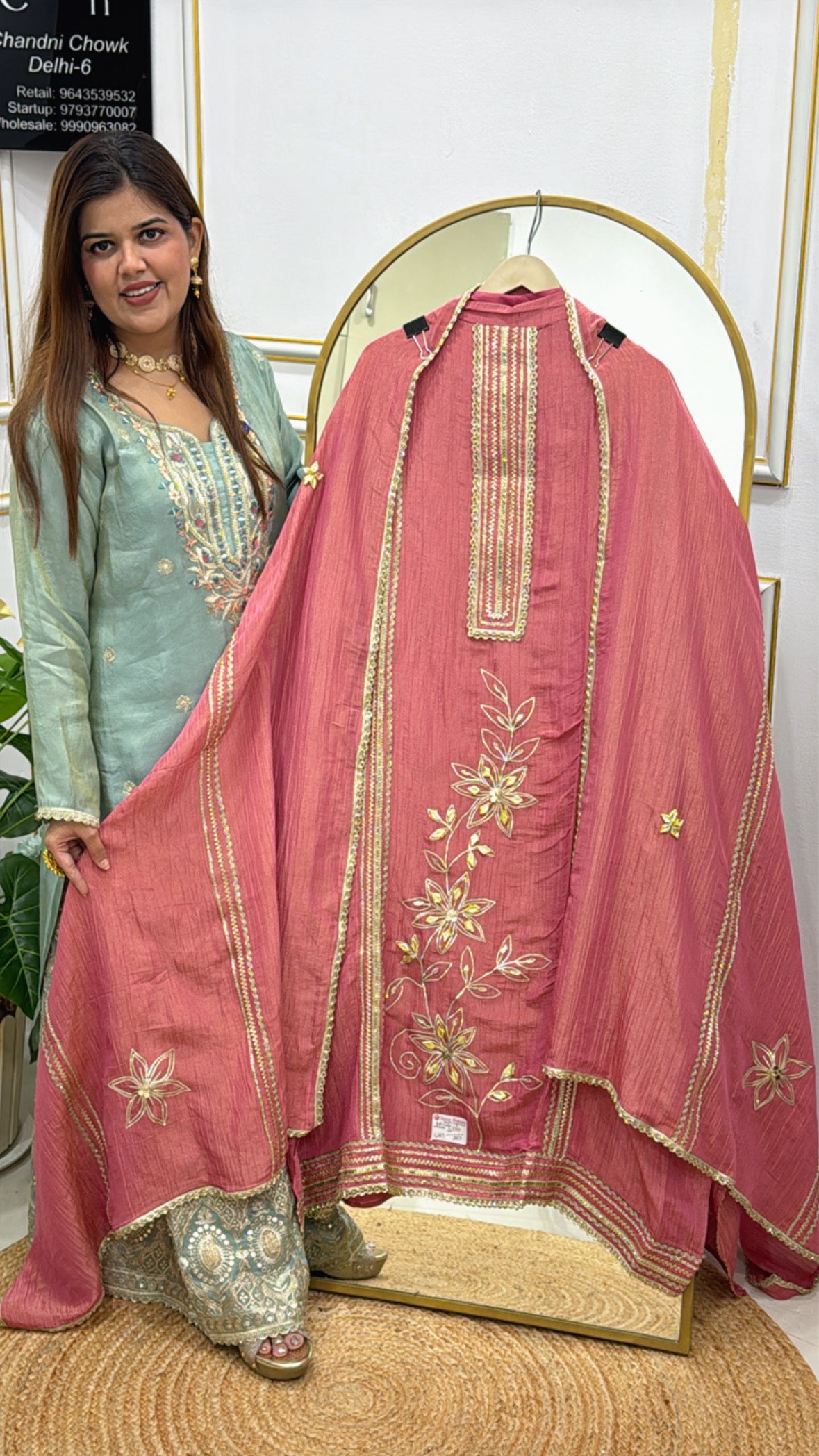 premium pure crushed shimmer silk suit material with elegant gota work all over shirt and dupatta GF561