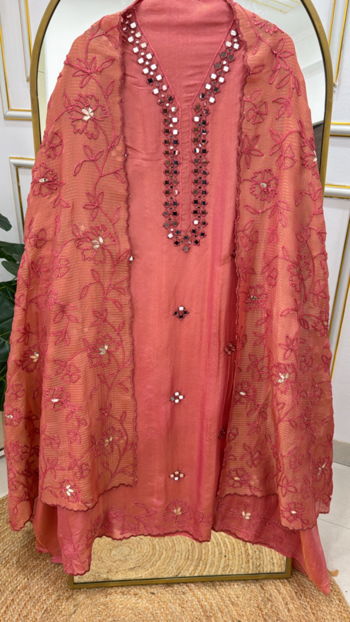 Pure burberry shimmer silk with real mirror detailing over the neck along with pure silk fully applique embroidred dupattas GF 327