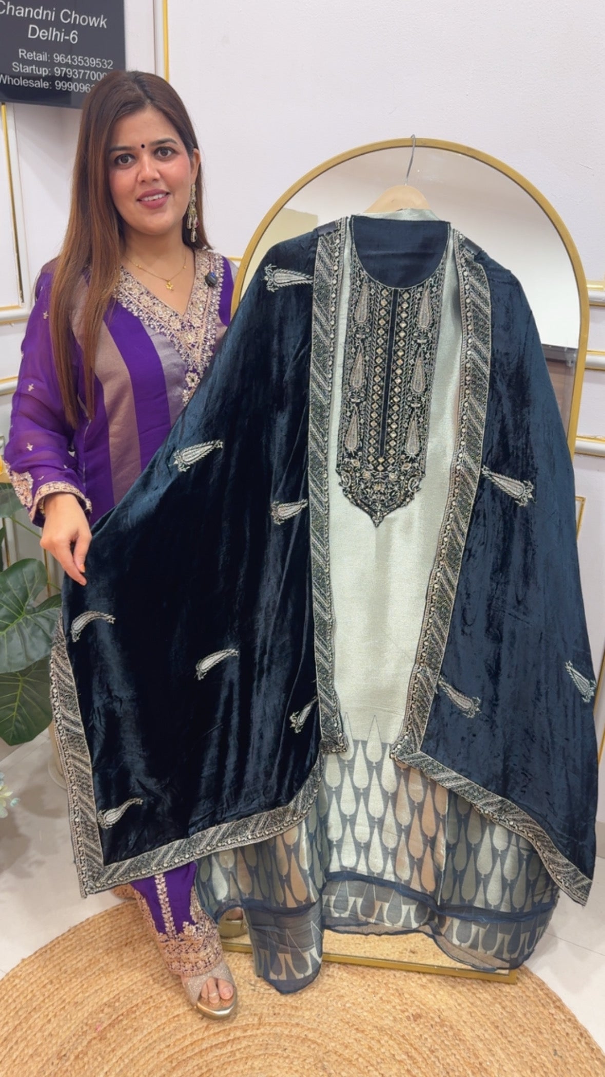 Designer wedding special premium kanjivaram weaved winter special suit material along with designer velvet dupatta and pashmina bottom  GF758