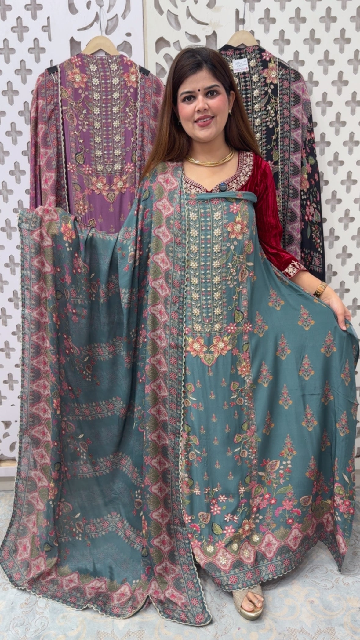 Pure and premium Royal crape silk suit material along partywear with full premium handwork detailing Karachi printed with Chinnon silk Karachi printed dupatta GF863