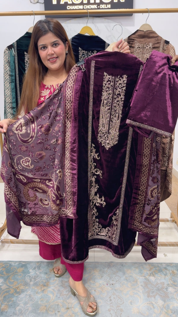 Winter fashion ,pure brasso dupatta premium and pure designer pure velvet suit material along with velvet bottom and brasso dupatta GF 856