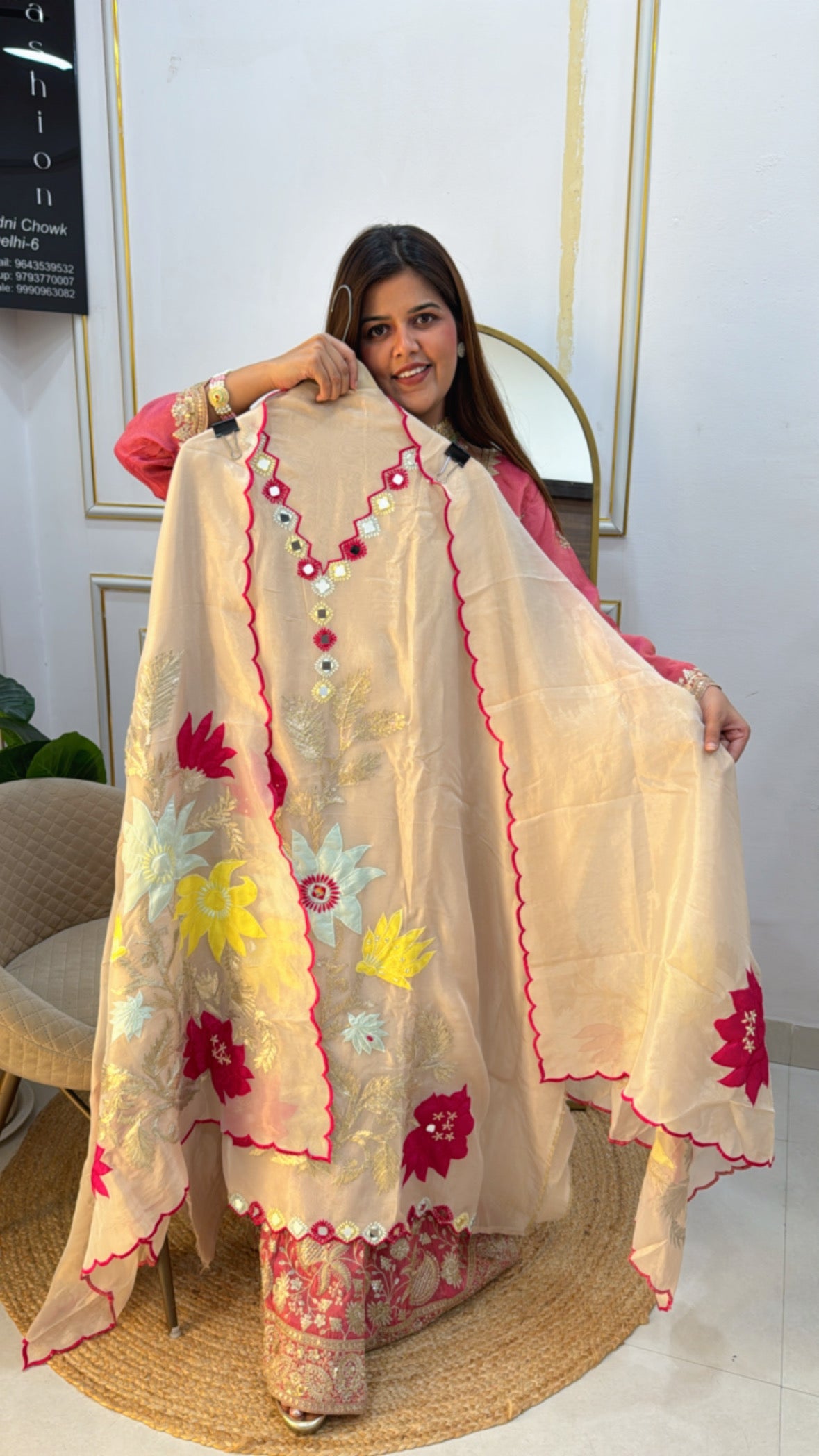 Seasons special pure shimmer silk golden ivory full applique work very designer suit material GF 601