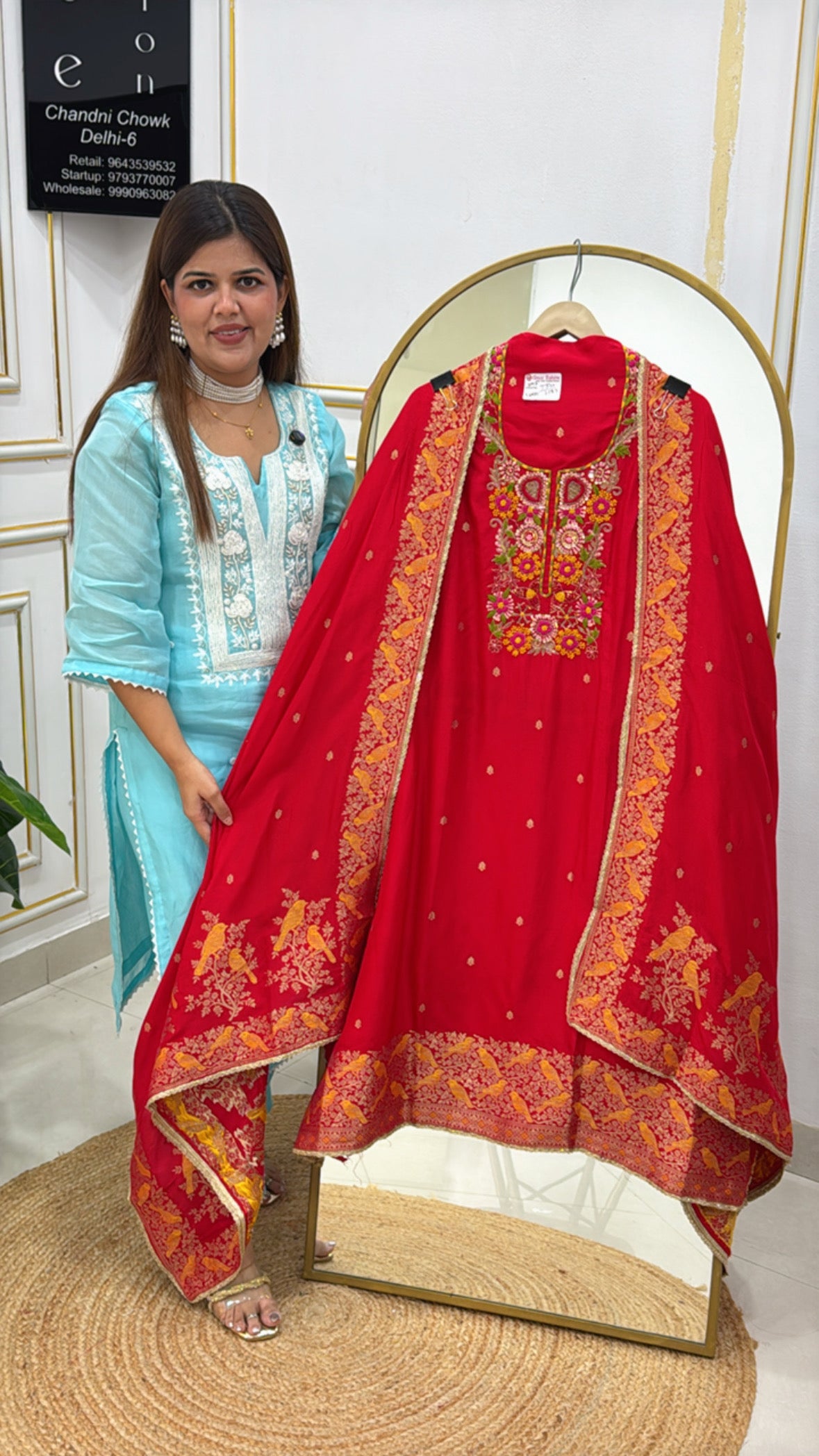 Karwa Chauth special pure raw silk red colour suit material with full handwork over shirt neck along with pure weaved banarasi dupatta GF515