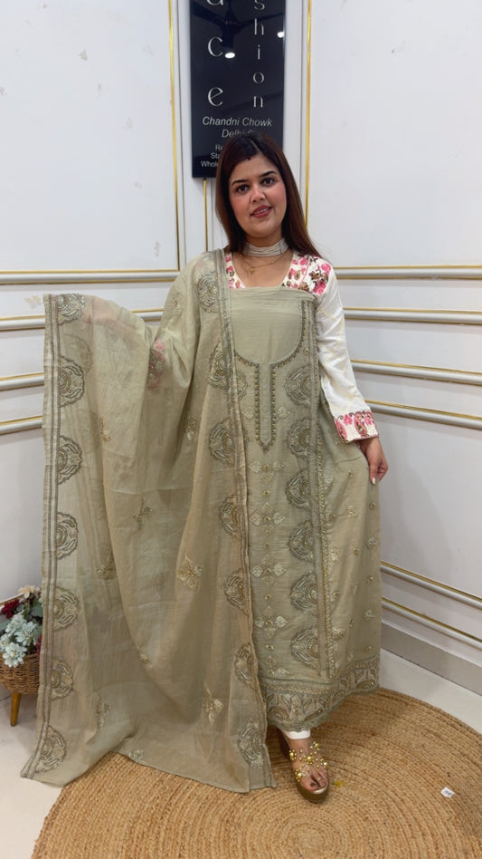 Summer most special partywear Mul Mul cotton suit material along with handwork detailing all over suit material and all over dupatta work GF1088 SOFT GREEN