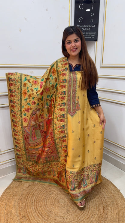 Pure silk kajivaram weaved super classy partywear royal suit material along with full gold weaved artwork dupatta GF1126 Yellow