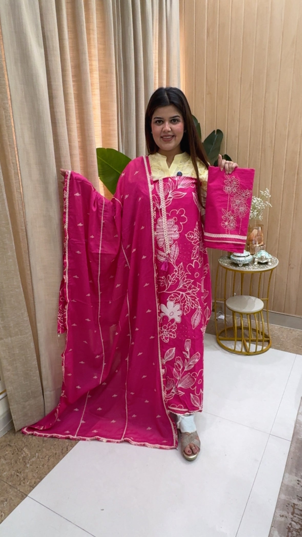 Pure cotton elegance front and back printed cotton suit material with cotton dupatta and bottom work gf1175 Hot Pink