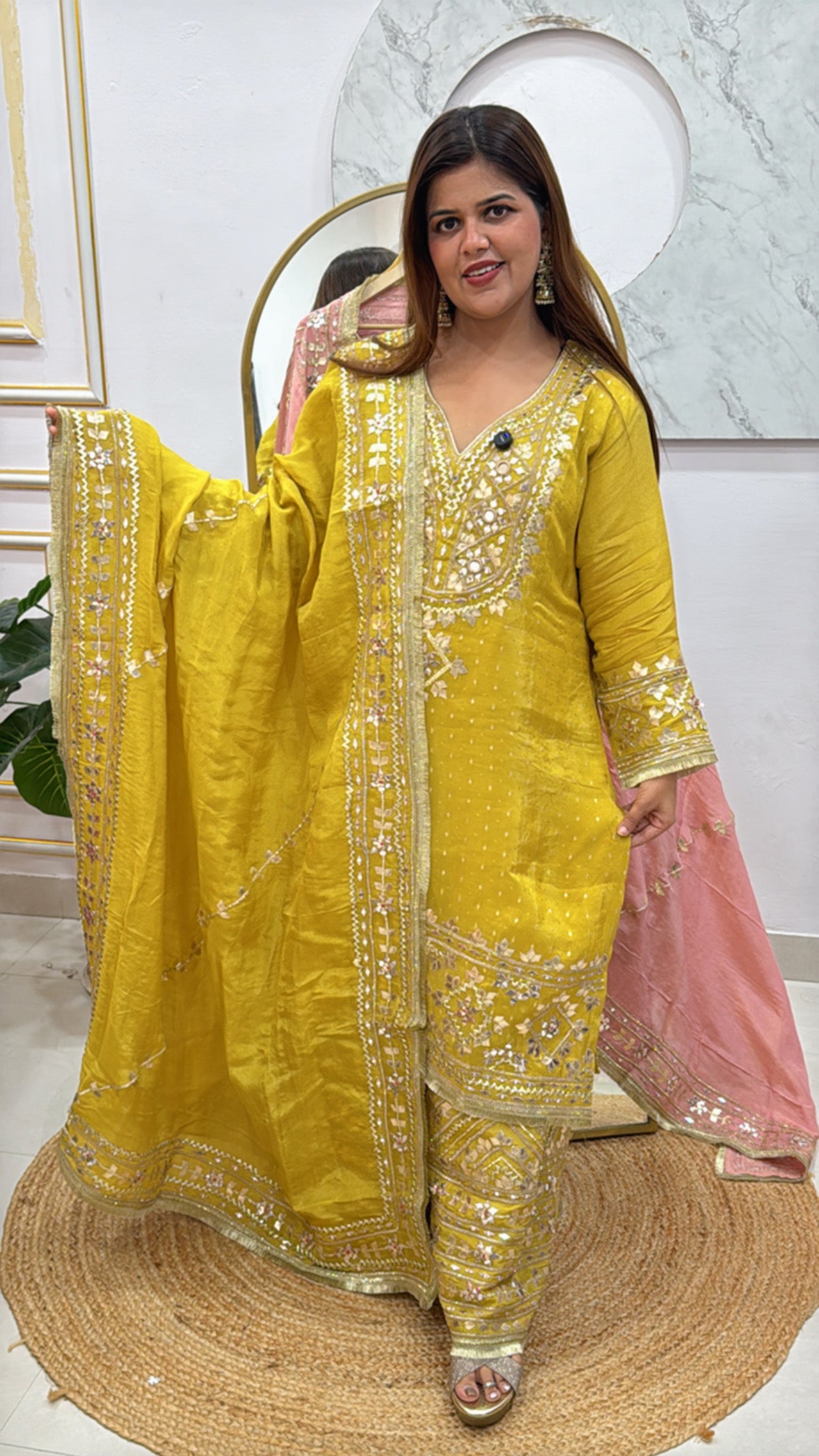 Ready to wear full manual gota mirror and leather patch detailing over pure shimmer material dress along with stich full gota work flapper GF478