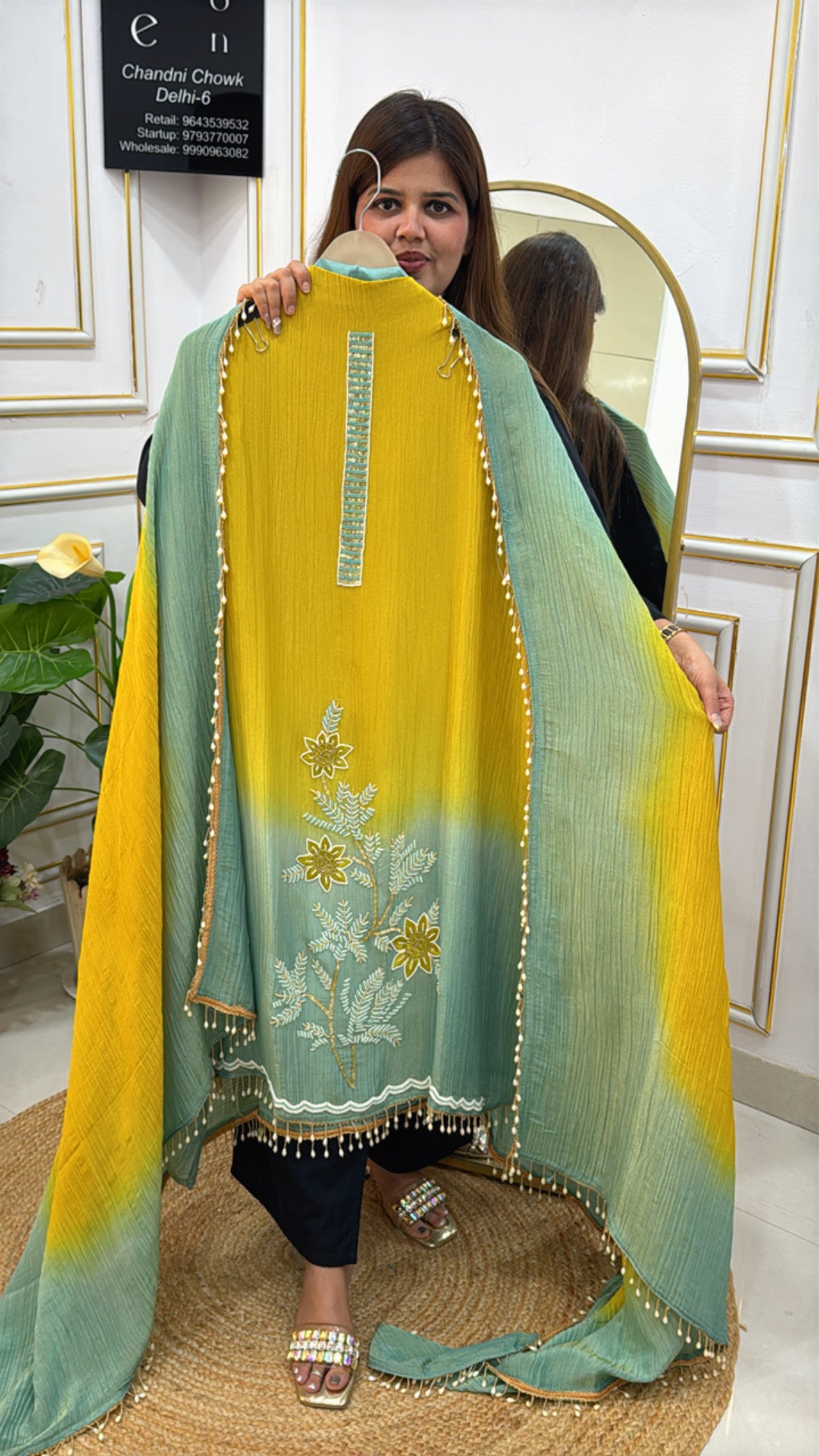 latest crushed shimmer silk material with royal handwork detailing along with crushed silk ombre dupatta with allover hanging laces GF 324