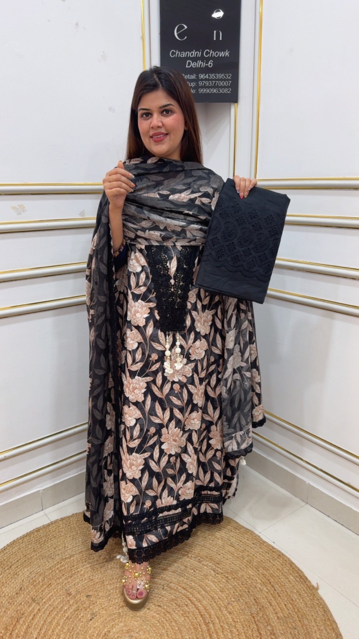 Premium and pure Karachi laces detailing designer pure cotton suit material with digital printed muslin dupatta GF1125 BLACK