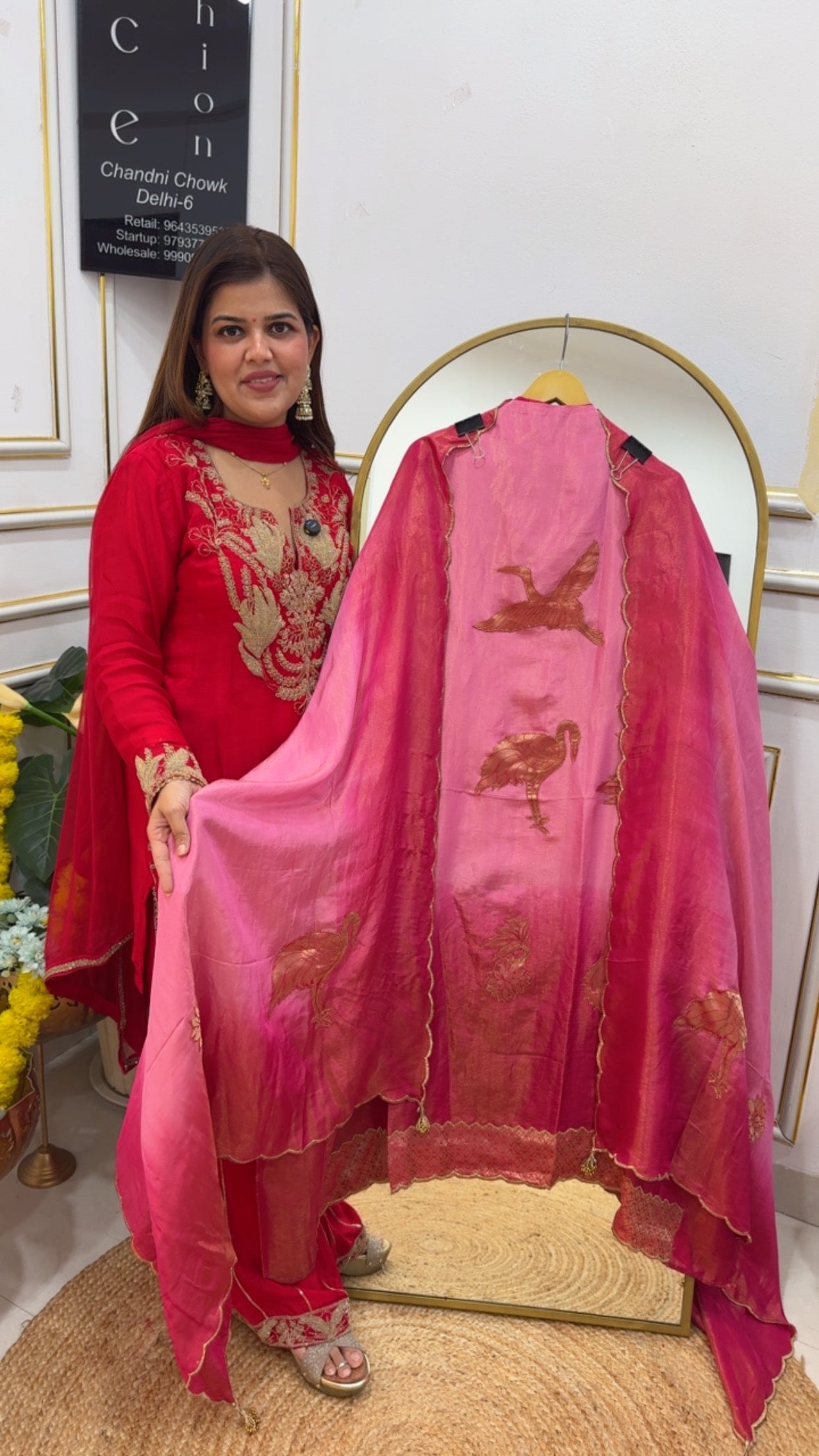 Elegant and luxury kanjivaram applique flamingo creation over pure glass shimmer silk material  GF684