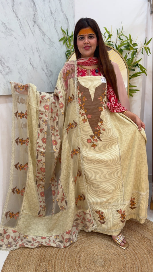 Premium pure luxury cotton Khawaab Series with premium quality suit material along with designer applique work dupatta GF1009 CHAMPAIGNE BEIGE
