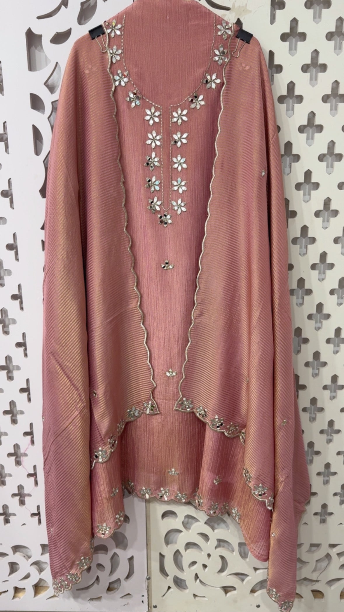 Jackpot series Designer premium pure crushed silk mirror handwork designer suit material with royal crushed silk dupatta and silk bottom GF815